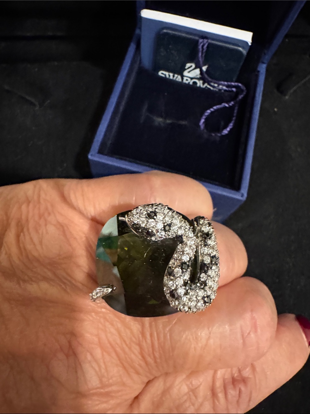 Swarovski Olive Green Crystal Statement Ring with Clear Pave Accents